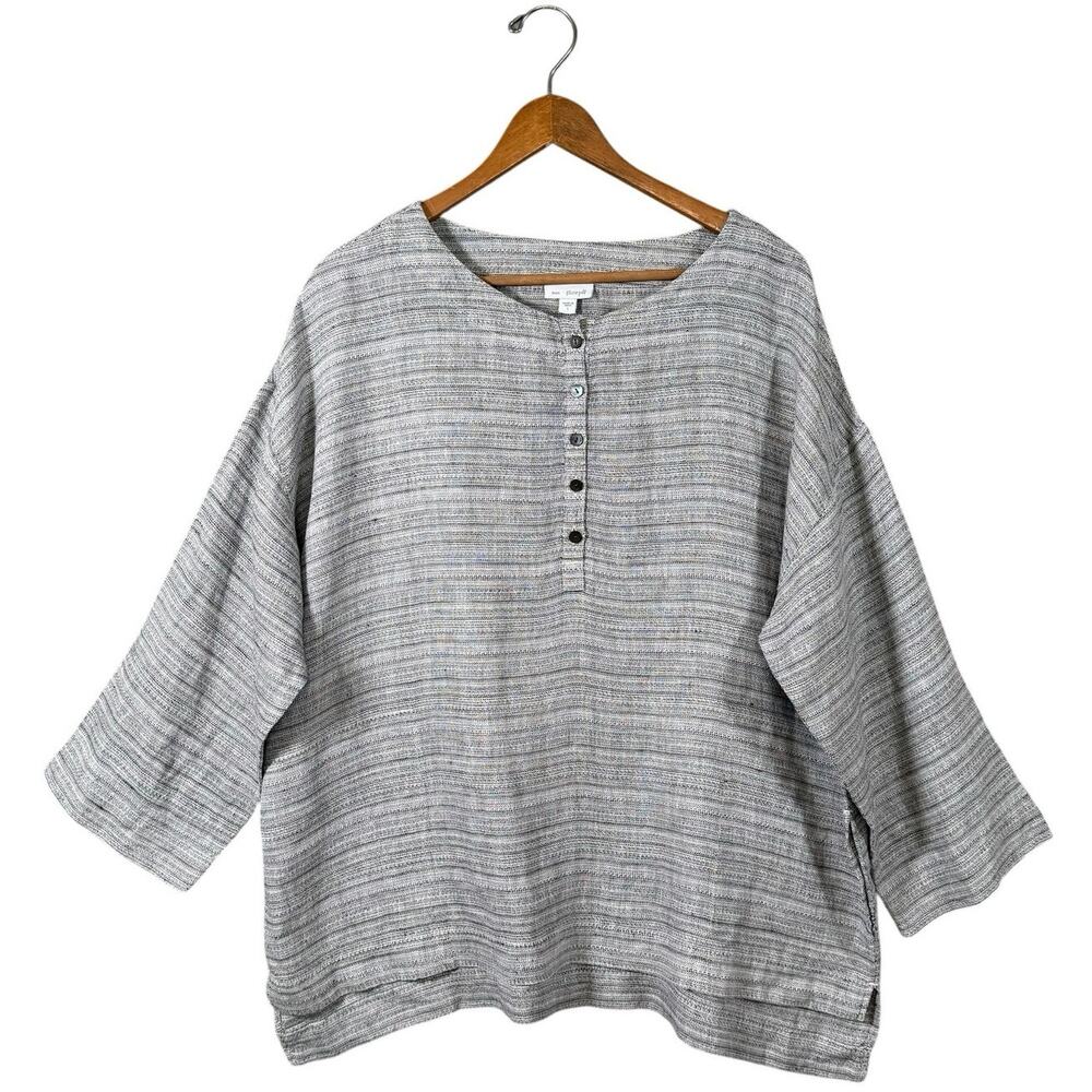 J.Jill Pure Jill Linen Oversized Tunic Top Gray Button Large Coastal Lagenlook